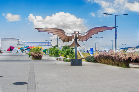 QUITO, ECUADOR- NOVEMBER, 27, 2017: Outdoor view of beautiful metallic wings structure at outdoors in the new boulevar in Amazonas avenue, in the city of Quitoのeditorial素材