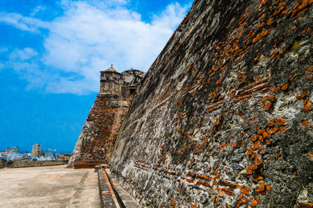 Outdoor view of historic castle of San Felipe De Barajas on a hill overlooking the Spanish colonial city of Cartagena de Indias on the coast of Colombiaの写真素材