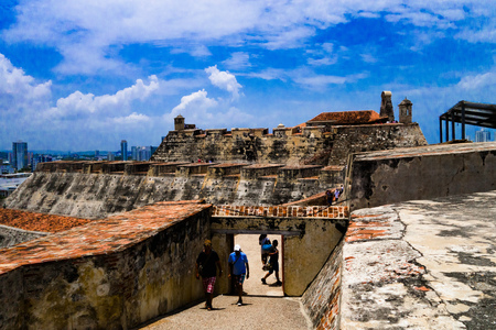 CARTAGENA, COLOMBIA 22, 2017: Unidentified people walking in the historic castle of San Felipe De Barajas on a hill overlooking the Spanish colonial city of Cartagena de Indias on the coast of Colombiaのeditorial素材