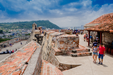 CARTAGENA, COLOMBIA 22, 2017: Unidentified people walking in the historic castle of San Felipe De Barajas on a hill overlooking the Spanish colonial city of Cartagena de Indias on the coast of Colombiaのeditorial素材