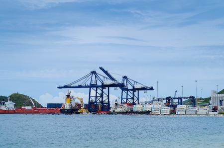 SANTA MARTA, COLOMBIA OCTOBER 19, 2017: Beautiful Harbor view with container ships in port of Santa Marta in Colombiaのeditorial素材