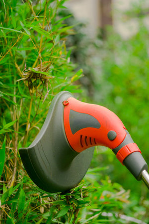 Close up of string lawn trimmer mower cutting grass, over a grass background