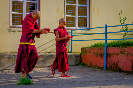 POKHARA, NEPAL - OCTOBER 06 2017: Unidentified Buddhist monk teenarger holding in their hands a red bowl and walking at outdoors at the Tashi refugee settlement in Pokhara, Nepalのeditorial素材