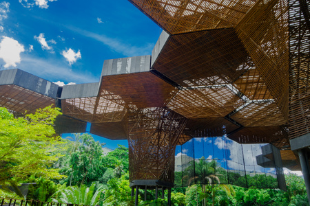 MEDELLIN, COLOMBIA OCTOBER 22, 2017: Beautiful architectural woodden structure in a botanical greenhouse in Medellin