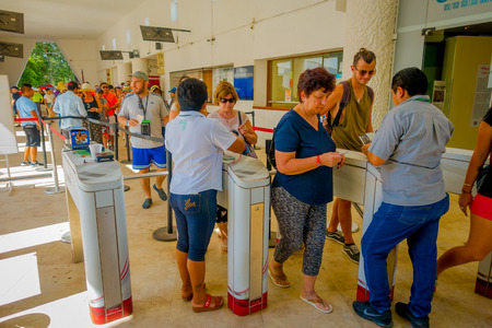 CHICHEN ITZA, MEXICO - NOVEMBER 12, 2017: Unidentified people wait in a queue for buy tickets to enter and visit at Chichen Itza ruinsのeditorial素材