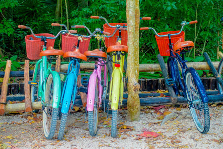 TULUM, MEXICO - JANUARY 10, 2018: Outdoor view of five bikes parked in a row in the enter of Mayan ruins of Tulum in Quintana Roo,Yucatan Peninsula, Mexicoのeditorial素材