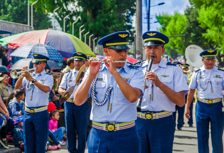 Quito, Ecuador - January 31, 2018: Unidentified people playing flute during a parade in Quito, Ecuadorのeditorial素材