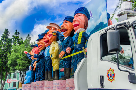 Quito, Ecuador - January 31, 2018: Outdoor view of a truck full of puppets of metropolitan police of...