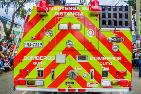 Quito, Ecuador - January 31, 2018: Beautiful backview of a fire truck in the streetss during a...