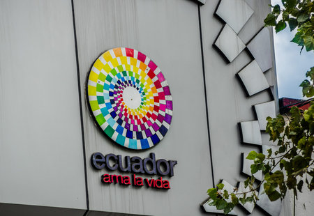 Quito, Ecuador - January 02, 2017: Outdoor view of sign words of Ecuador love the life with the logo in the wall of a building, located in the city of Quito, Ecuadorのeditorial素材