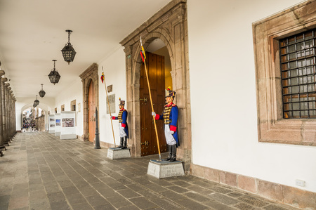 QUITO, ECUADOR, JANUARY, 11- 2018: Unidentied body guards at the enter of passage at presidential Carondelet palace government, in Quito, Ecuadorのeditorial素材