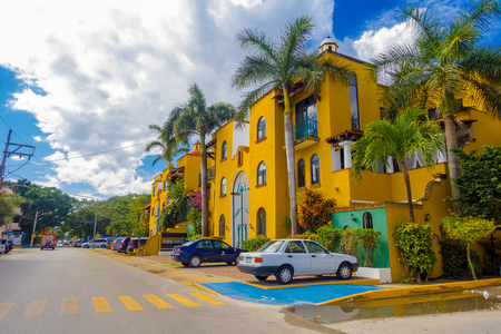 Playa del Carmen, Mexico - January 10, 2018: Outdoor view of cars parked in a huge and beautiful house in Playa del Carmen in the Riviera Mayaのeditorial素材