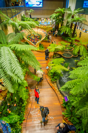 SINGAPORE, SINGAPORE - JANUARY 30, 2018: Above Indoor view of people walking in a small garden with plants inside of Singapore Changi Airport. Singapore Changi Airport is the primary civilian airport for Singaporeのeditorial素材