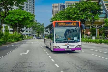 SINGAPORE, SINGAPORE - FEBRUARY 01, 2018: Outdoor view of bus public transport. SBS Transit Limited is a of the largest public transport operator in Singaporeのeditorial素材