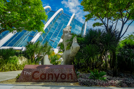 SINGAPORE, SINGAPORE - JANUARY 30, 2018: Outdoor view of Cloud Forest Flower Dome at Gardens by the Bay in Singapore. Spanning 101 hectares of reclaimed land in central Singapore, adjacent to Marina Reservoirのeditorial素材