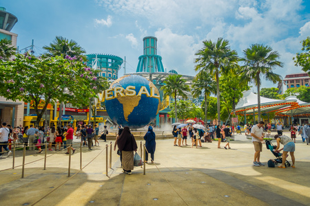 SINGAPORE, SINGAPORE - FEBRUARY 01, 2018: Unidentified people at the enter of Universal Studios Singapore is a theme park located within Resorts World Sentosa on Sentosa Island, Singaporeのeditorial素材