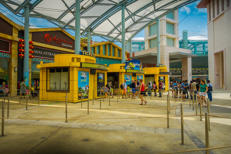 SINGAPORE - FEBRUARY 01, 2018: Unidentified people at the enter of Universal Studios Singapore is a theme park located within Resorts World Sentosa on Sentosa Island, Singaporeのeditorial素材