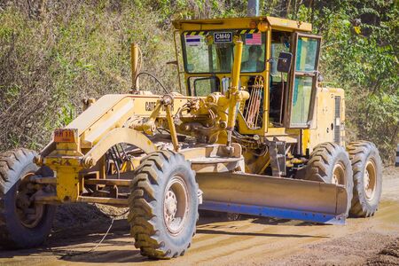 CHIANG RAI, THAILAND - FEBRUARY 01, 2018: Outdoor view of heavy machinery for rail road construction in Chiang Mai, Thailand, working on a road construction site to smooth the groundのeditorial素材