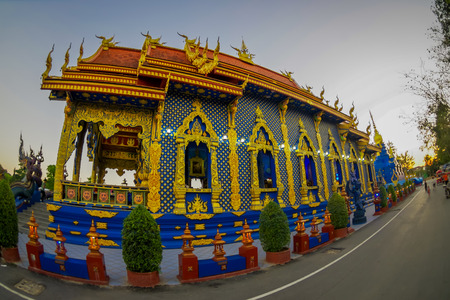 CHIANG RAI, THAILAND - FEBRUARY 01, 2018: Beautiful outdoor view of the enter of Rong Sua Ten temple with blue sky background, Chiang Rai Province, Thailand. Blue templeのeditorial素材