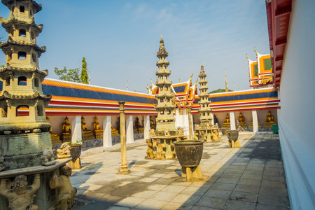 Outdoor view of Wat Pho or Wat Phra Chetuphon, Wat means temple in Thai. The temple is one of...