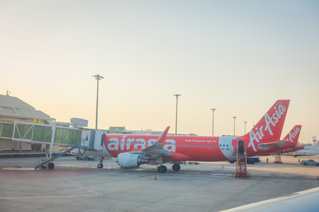 BANGKOK, THAILAND - FEBRUARY 01, 2018: Beautiful outdoor view of commercial aircraft wait for taking off at Bangkok international airport in Thailand, is the hub of low cost airlines in Bangkokのeditorial素材