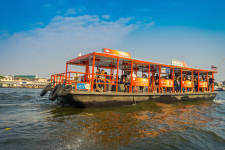 BANGKOK, THAILAND - FEBRUARY 09, 2018: Outdoor view of a huge boat with unidentified tourists...