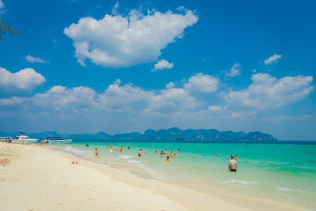 PODA, THAILAND - FEBRUARY 09, 2018: Outdoor view of unidentified people swimming in the turquoise water and enjoying the sunny day on Poda islandのeditorial素材