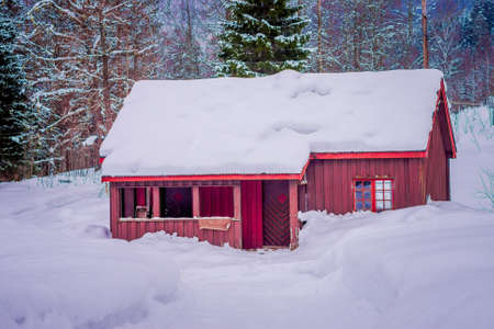 Amazing outdoor view of traditional wooden houses with snow in the roof in stunning nature background in Valdres region in Norwayの写真素材
