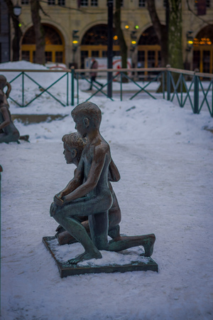 OSLO, NORWAY - MARCH, 26, 2018: Outdoor view of two boys at Vigeland Park in Oslo, Norway, sculpted in bronzeのeditorial素材