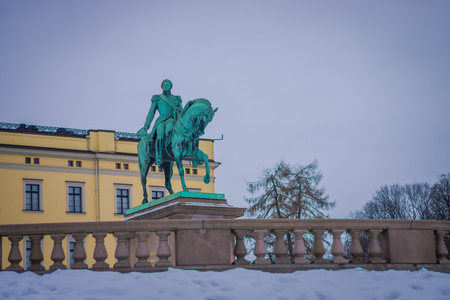 OSLO, NORWAY - MARCH, 26, 2018: Outdoor view of Statue of King Karl Johan outside The Royal Palace in Osloのeditorial素材
