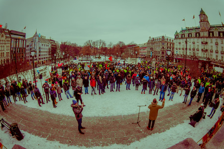OSLO, NORWAY - MARCH, 26, 2018: Crowd of people at local protest in front of the Norwegian Parliament building, Stortingetのeditorial素材