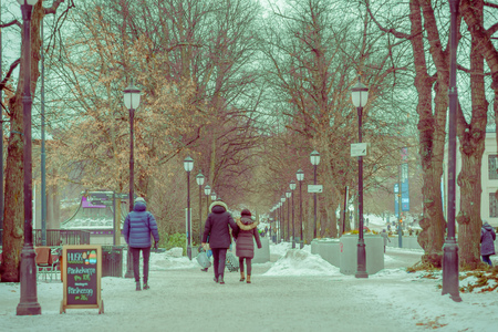 OSLO, NORWAY - MARCH 8, 2017: Outdoor view of unidentified people walking at vigeland Park on a breezy winter dayのeditorial素材