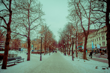 OSLO, NORWAY - MARCH, 26, 2018: Outdoor view of people walking in the streets at tree alignment in Vigeland Park, Oslo. Snow coveredのeditorial素材