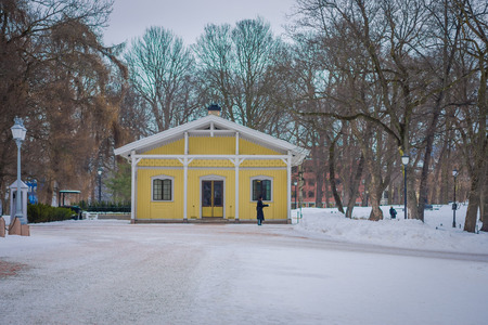 OSLO, NORWAY - MARCH, 26, 2018: Outdoor view of Royal Guard protecting a yellow buildings close to the Royal Palaceのeditorial素材