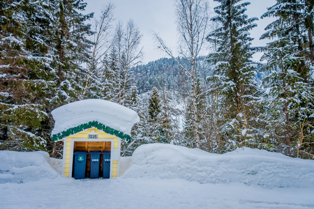 Reinli, Norway - March 26, 2018: Outdoor view of three plastic garbage collector at outdoors under a wooden hut in Valdres region during winter at Norwayのeditorial素材