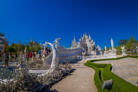 CHIANG RAI, THAILAND - FEBRUARY 01, 2018: Beautiful ornate white temple located in Chiang Rai northern Thailand. Wat Rong Khun White Temple , is a contemporary unconventional Buddhist templeのeditorial素材