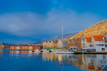 Bergen, Norway - April 03, 2018: Outdoor view of historical buildings in Bryggen- Hanseatic wharf in Bergen, Norway. UNESCO World Heritage Siteのeditorial素材
