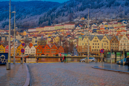 Bergen, Norway - April 03, 2018: Gorgeous outdoor view of historical buildings in Bryggen- Hanseatic wharf in Bergen, Norway. UNESCO World Heritage Siteのeditorial素材