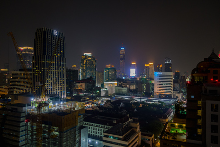 BANGKOK, THAILAND - FEBRUARY 09, 2018: Beautiful panorama view of nightlife of Bangkok city and buildingsのeditorial素材