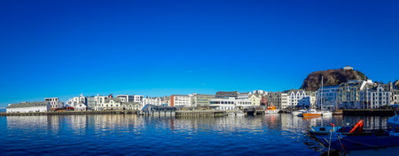 ALESUND, NORWAY - APRIL 04, 2018: Beautiful panoramic view of Alesund port town on the west coast of Norway, at the entrance to the Geirangerfjordのeditorial素材