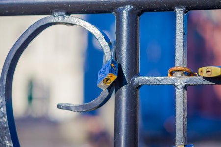 ALESUND, NORWAY, APRIL, 04, 2018: Outdoor view of dozens of padlocks of love on the bridgeのeditorial素材