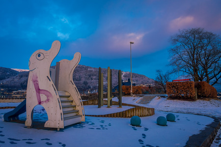 BERGEN, NORWAY - APRIL 03, 2018: Outdoor view of some games in a playground located in a park of the city of Bergenのeditorial素材