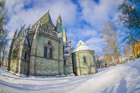 TRONDHEIM, NORWAY - APRIL 06, 2018: Gorgeous building of Nidarosdomen - Nidaros Cathedral inTrondheim, Norwayのeditorial素材