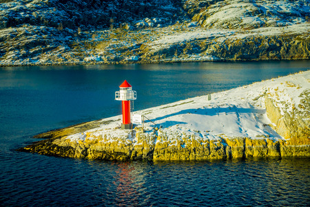 Bodo, Norway - April 09, 2018: Outdoor view of landscape of a lighthouse at Bodos coast in Norwayのeditorial素材