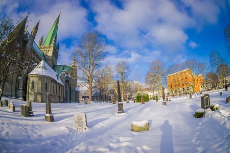 TRONDHEIM, NORWAY - APRIL 06, 2018: Gorgeous building of Nidarosdomen - Nidaros Cathedral inTrondheim, Norwayのeditorial素材