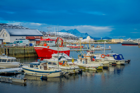 Bodo, Norway - April 09, 2018: Outdoor view of the marina and some boats in a row located in the port of Bodoのeditorial素材