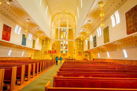 Bodo, Norway - April 09, 2018: Indoor view of people taking pictures inside of the Bodo cathedral in Nordland countyのeditorial素材