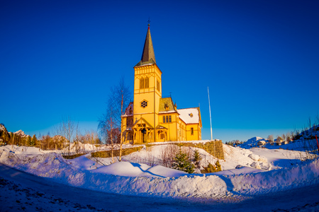 Traditional Norwegian church in Kabelvag, Lofoten Cathedral built in 1898 year in Lofoten islands, Norwayの写真素材