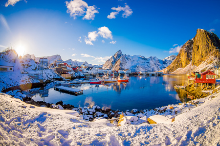 SVOLVAER, LOFOTEN ISLANDS, NORWAY APRIL 10, 2018: View to the harbor with buildings and boats in Svolvaer, starting point for held yearly in March International cod fishing competitionのeditorial素材
