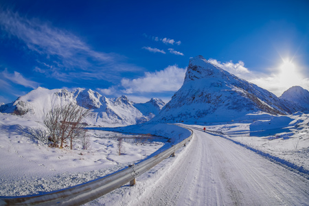 Frozen street in Skjelfjord, Lofoten Islandsの写真素材